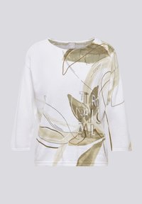 White sweatshirt with a loose fit, featuring green abstract floral patterns and the text "TROPICAL" in black rhinestones on the front.