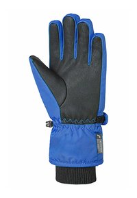 Blå och svart vattentät handske med texturerat grepp, elastiskt handled och kontrasterande sömdetaljer. Har en åtsittande passform för värme.