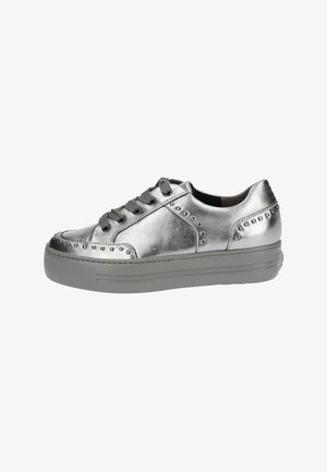 Metallic silver sneaker with a textured finish, featuring studded accents along the sides, gray laces, and a thick gray sole.