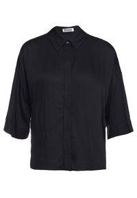 Zwarte kortemouwen button-up shirt van gladde stof, met een klassieke kraag, voorknoopsluiting en een relaxte pasvorm. Subtiele glans structuur.