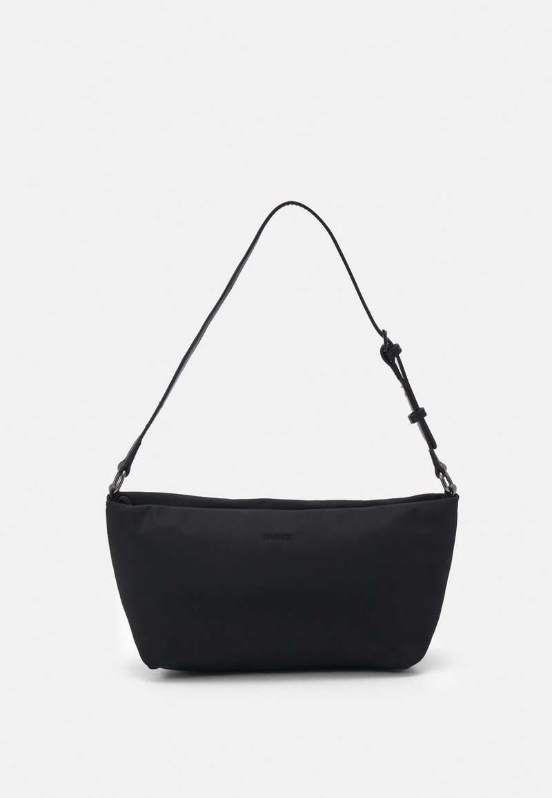 Black nylon shoulder bag with a smooth texture, curved shape, adjustable strap, and subtle logo detail on the front.