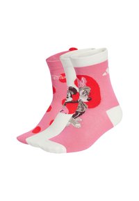 Calze alla caviglia in misto cotone con due design: uno con pois rosa e uno con una stampa di personaggi su uno sfondo rosa e bianco.