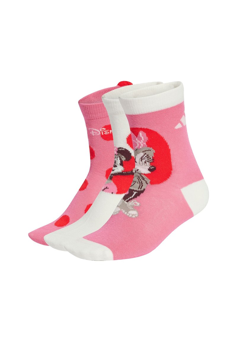 Calze alla caviglia in misto cotone con due design: uno con pois rosa e uno con una stampa di personaggi su uno sfondo rosa e bianco.