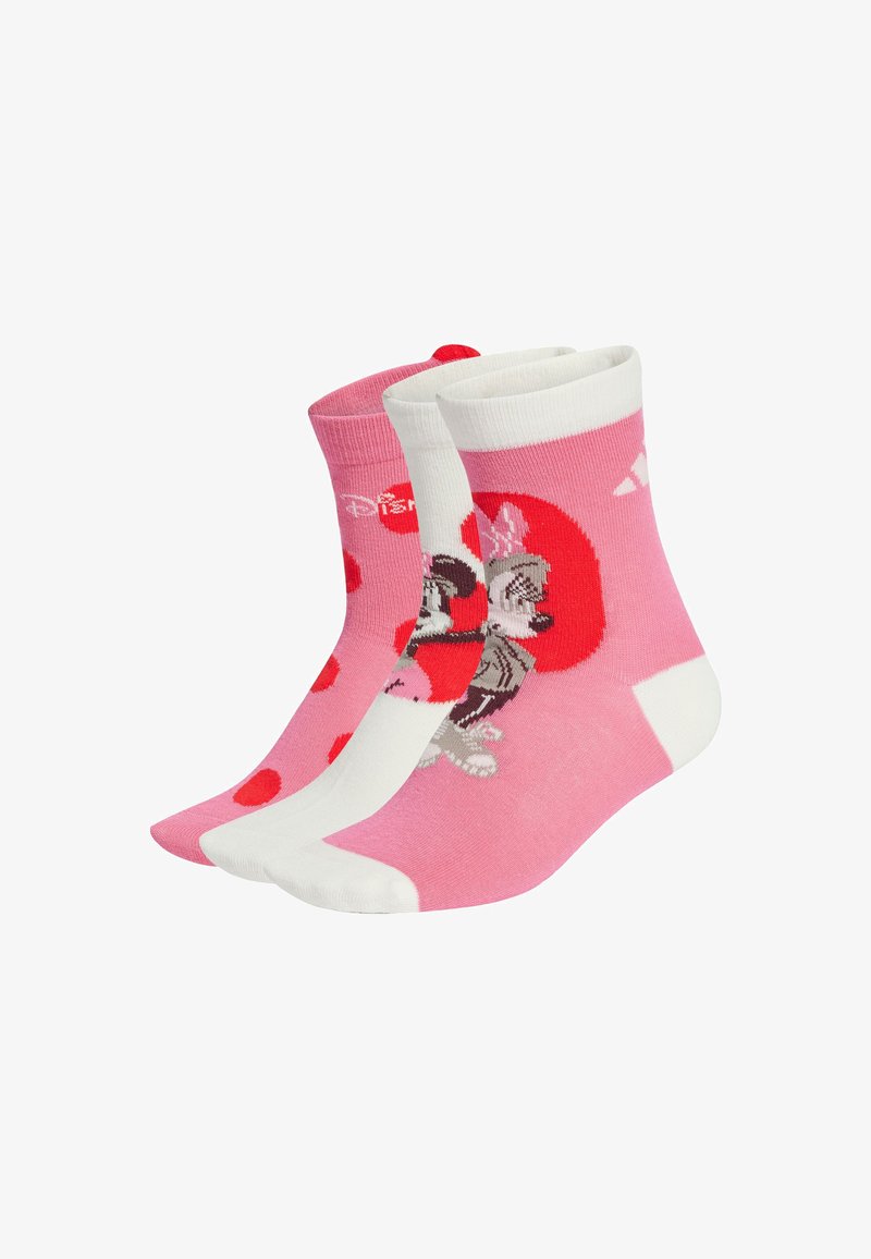 Calze alla caviglia in misto cotone con due design: uno con pois rosa e uno con una stampa di personaggi su uno sfondo rosa e bianco.