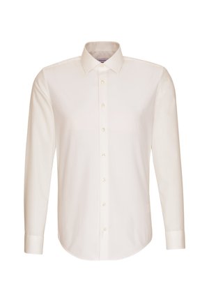 Long-sleeve white dress shirt with button-down front, pointed collar, and buttoned cuffs, shown on a flat white background.