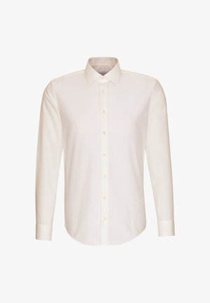Long-sleeve white dress shirt with button-down front, pointed collar, and buttoned cuffs, shown on a flat white background.