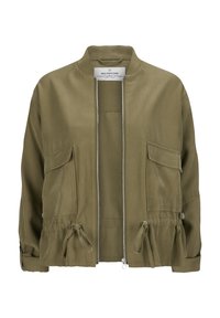 Olivgrüne Bomberjacke mit einem Reißverschluss vorne, elastischem Bund und zwei großen Fronttaschen. Baumwollmaterial mit einer glatten Textur.