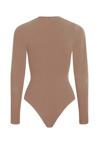 Body a maniche lunghe di colore beige uniforme. Realizzato in tessuto morbido. Presenta un collo alto e un taglio a perizoma sul fondo. Design semplice, senza motivi.
