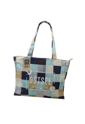 Sac fourre-tout avec un motif à carreaux bleu, beige et marine, avec des illustrations nautiques et le texte "Ostsee Kusten Liebe" accompagné d’icônes d’ancre et de coquillage.