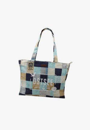 Tote bag met blauw, beige en marineblauw geruit patroon, met nautische illustraties en de tekst "Ostsee Kusten Liebe" met anker- en schelpiconen.