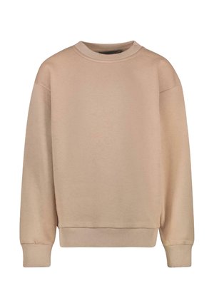 Beige sweatshirt gemaakt van zacht materiaal, met een ronde hals, een losse pasvorm, ribgebreide mouwen en zoom, zonder zichtbare patronen of accenten.