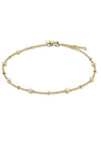 Bracciale color oro con anelli circolari e pietre trasparenti alternate. Il design include una chiusura a moschettone e una catena regolabile.