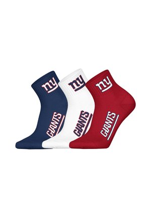 Three pairs of ankle socks: navy blue, white, and red. Each features ribbed cuffs and embroidered "NY" and "GIANTS" logos in contrasting colors.