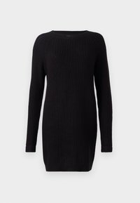 Robe pull en tricot noir à manches longues avec texture côtelée, encolure ronde et poignets ajustés, présentée sur un fond blanc.