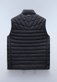 Schwarze ärmellose Steppweste mit einem Rautenmuster, hohem Kragen und verstellbaren Kordelzügen am Saum für eine enge Passform.