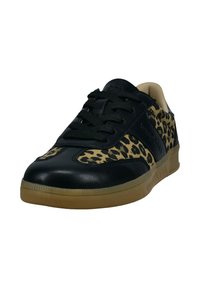 Black sneaker with leopard print accents, leather material, lace-up design, rubber sole, smooth texture, and a cushioned interior.