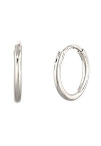 Silberne Creolen mit einer glatten, polierten Oberfläche, runder Form und einem nahtlosen Verschluss. Auffälliges, schlankes Design, minimalistischem Stil.