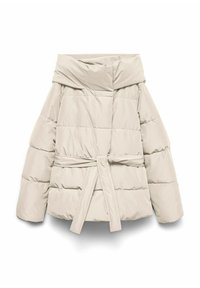 Helebeige puffjakker, mille suure kraega, tikandimuster, küljetaskud ja vöödiga talje. Sile kangas mattviimistlusega.