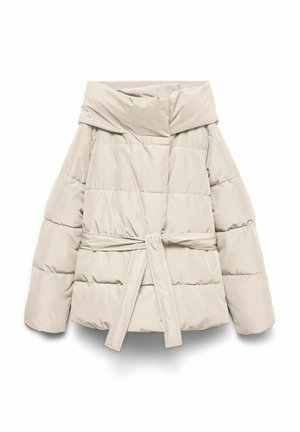 Hellbeige Daunenjacke mit übergroßem Kragen, gestepptem Design, Seitentaschen und tailliertem Gürtel. Glattes Material mit matter Oberfläche.