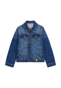 Denim jakna u srednje plavoj boji, s kop�čanjem na gumbe, dva džepa na prsima i etiketom s brendom. Ima klasičan ovratnik i duge rukave.