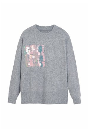 Pull en tricot gris à coupe décontractée, avec un design en sequins rose et bleu sur le devant, ourlet et poignets côtelés.