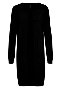 Zwarte lange cardigan van een zachte breimateriaal, met een ronde halslijn, lange mouwen, een open voorkant en twee voorkruimelzakken.