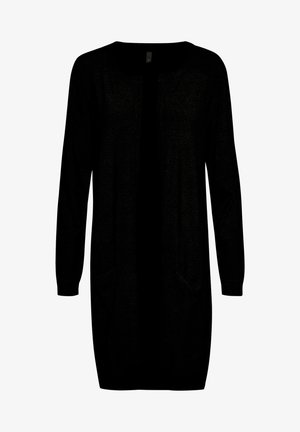Black long cardigan made of a soft knit material, featuring a round neckline, long sleeves, open front, and two front pockets.