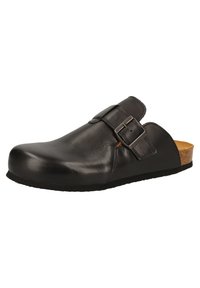 Schwarze Lederclogs mit abgerundeter Spitze, verstellbarem Schnallenriemen und Korkfußbett. Sanfte Textur mit flacher Gummisohle.