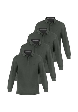 Vier dunkelgrüne Poloshirts mit langen Ärmeln, Kragen und Knopfleisten, überlappend vor weißem Hintergrund gezeigt.