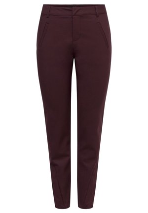 Pantalon bordeaux en tissu lisse et extensible. Comprend deux poches sur le devant et un design de jambe fuselée. Fermeture éclair à l'avant.