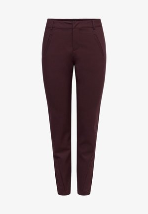 Burgundy trousers made from a smooth, stretch fabric. Features include two front pockets and a tapered leg design. Zippered front closure.