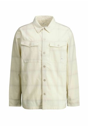 Lichtbeige geruite overhemdjas met lange mouwen en twee voorzakken met klep en knoop.