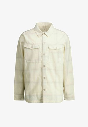 Lichtbeige geruite overhemdjas met lange mouwen en twee voorzakken met klep en knoop.