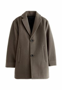 Abrigo de mezcla de lana marrón con solapa muesca, dos bolsillos frontales y cierre de dos botones. Textura suave con una silueta elegante y estructurada.