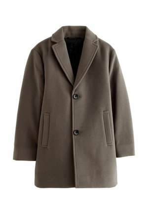 Bruine wolmix jas met een notch-label, twee voorzakken en een sluiting met twee knopen. Zachte textuur met een slanke, gestructureerde silhouet.