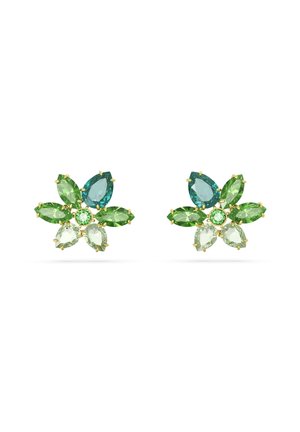 Pair of gold earrings with blue, light green, and clear teardrop-shaped gemstones arranged in a floral design.