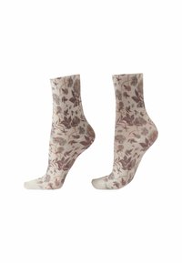 Ankelsockor med ett blommönster i dämpade rosa, beige och grå toner; gjorda av mjukt tyg med en lätt, texturerad yta.