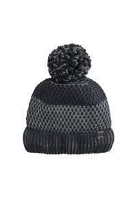 Knit beanie in navy and gray, featuring a large pom-pom on top, textured pattern, and a ribbed cuff. Durable, warm material.