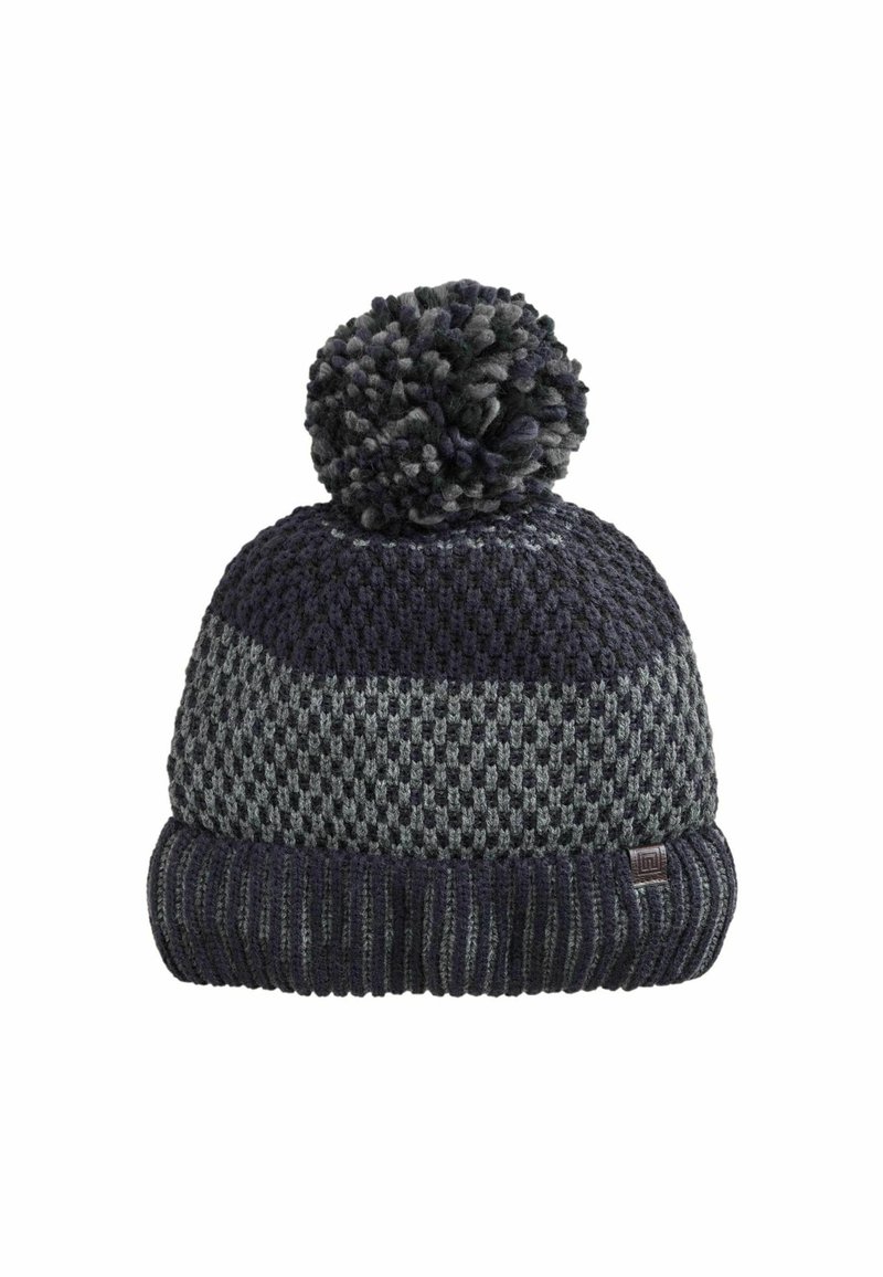 Knit beanie in navy and gray, featuring a large pom-pom on top, textured pattern, and a ribbed cuff. Durable, warm material.