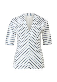 Top de cuello en V a rayas en blanco y azul, con una silueta ajustada y mangas cortas, confeccionado en una suave y elástica textura de tela.