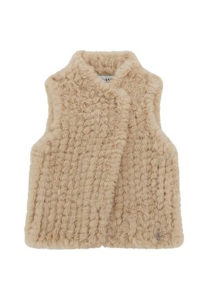 Beige Fellweste aus Kunstfell mit vertikaler Rippstruktur, offenem Vorderteil und einem kleinen Logodetail am Saum. Ohne Ärmel, aus weichem Material.