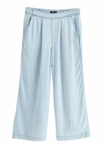 Hellblaue weite Hose mit elastischem Bund, Seitentaschen und einem weichen, leichten Stoff. Verfügt über dezente Falten für zusätzlichen Detailreichtum.