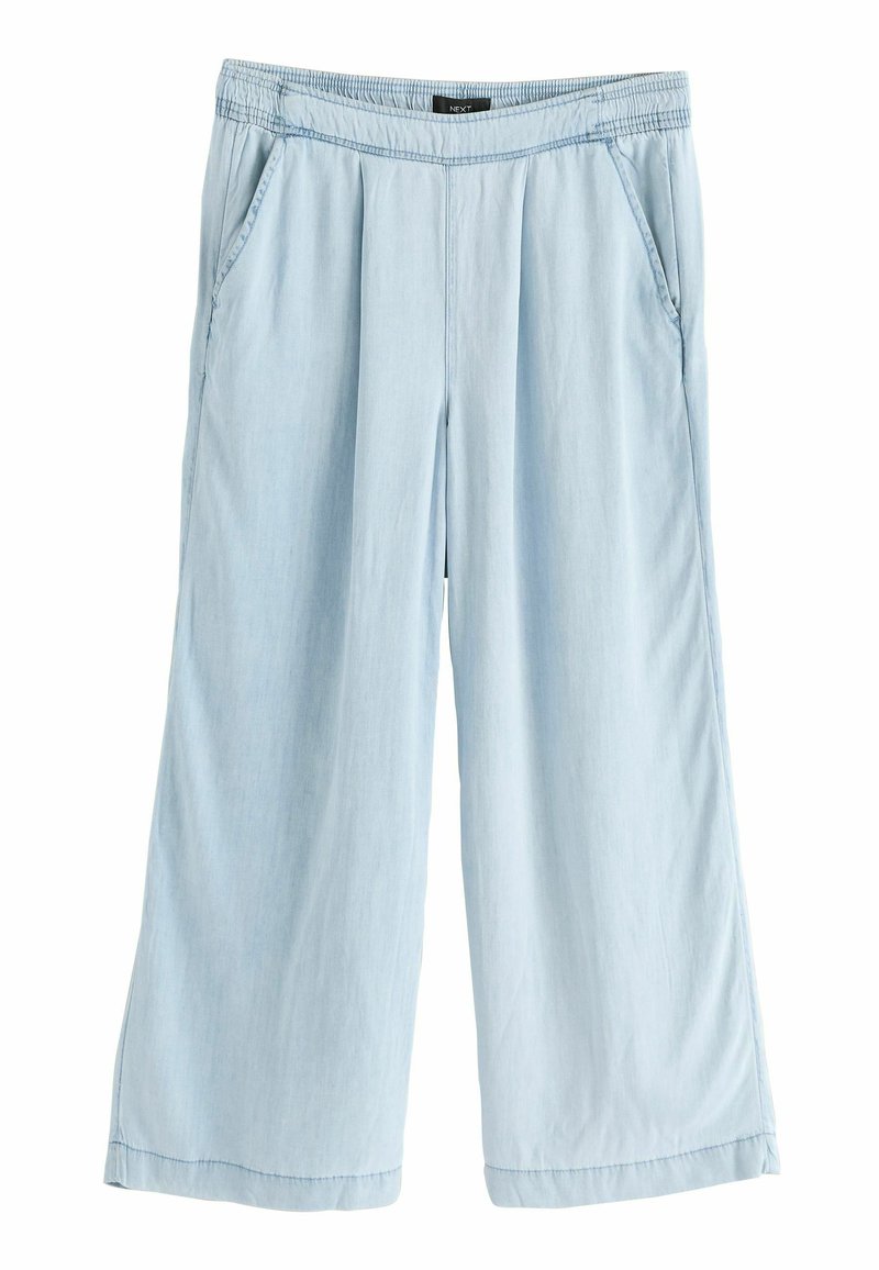 Hellblaue weite Hose mit elastischem Bund, Seitentaschen und einem weichen, leichten Stoff. Verfügt über dezente Falten für zusätzlichen Detailreichtum.