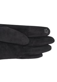 Guanti in suede nero con una texture liscia, caratterizzati da un piccolo ricamo a forma di fiore sul polso. Forma classica, senza motivi distintivi.