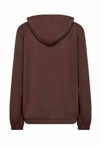 Brown hoodie featuring a soft texture, long sleeves, and a drawstring hood, with a relaxed fit and ribbed cuffs and hem.