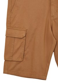 Shorts cargo marron avec poche latérale à rabat et détails de coutures visibles sur un fond blanc.