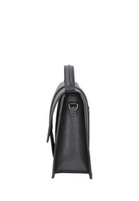 Borsa in pelle nera con forma strutturata, manico superiore e accessori metallici. Superficie testurizzata e dettagli della cucitura laterale.