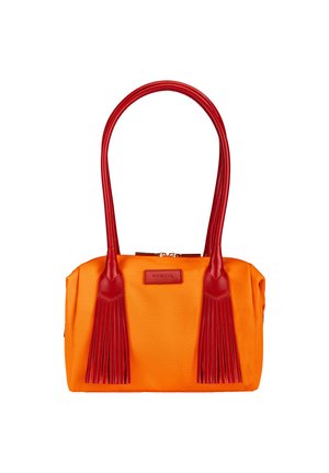 Orange handbag with textured fabric, long red leather handles, and red leather tassels hanging from each handle.