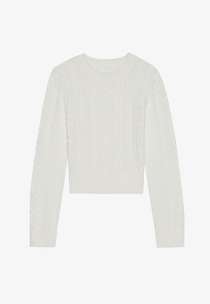 Suéter corto blanco con un patrón de punto de cable, puños y dobladillo acanalados, y un escote redondo. Fabricado en un material de punto suave.