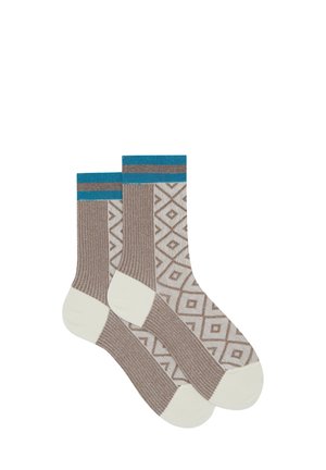Calzini a maglia in marrone e crema con un motivo a diamante, caratterizzati da dettagli in teal all'orlo e una texture a coste per un comfort maggiore.